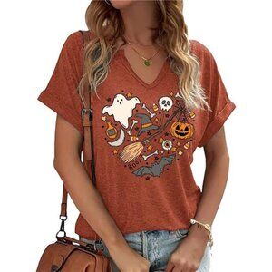 Funny Halloween Doodles V-Neck Tee - Pumpkin Graphic Short Sleeve Party Top